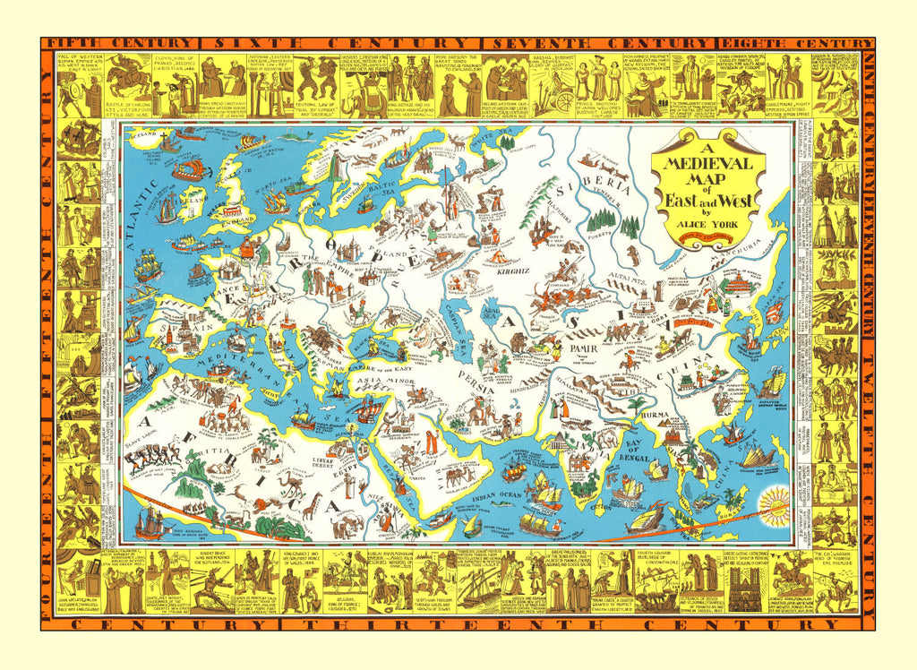Vintage Medieval Map of East & West 1925