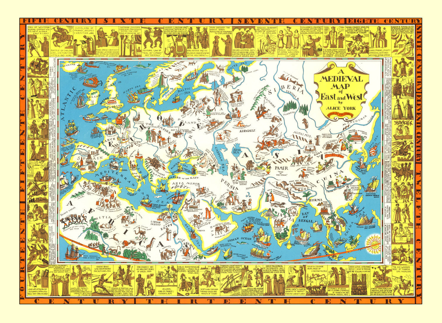 Vintage Medieval Map of East & West 1925