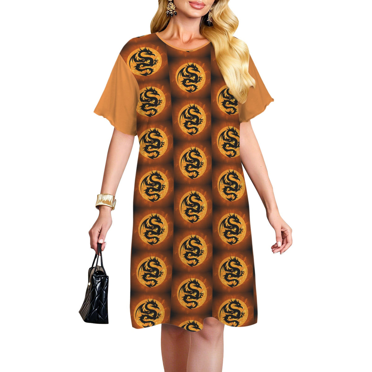 Orange Fire Dragon Women's Crew Neck Short Sleeve T-shirt Dress