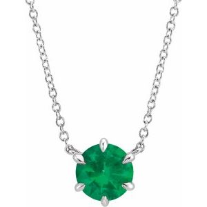 14K White Gold Natural Emerald Solitaire 18" Necklace