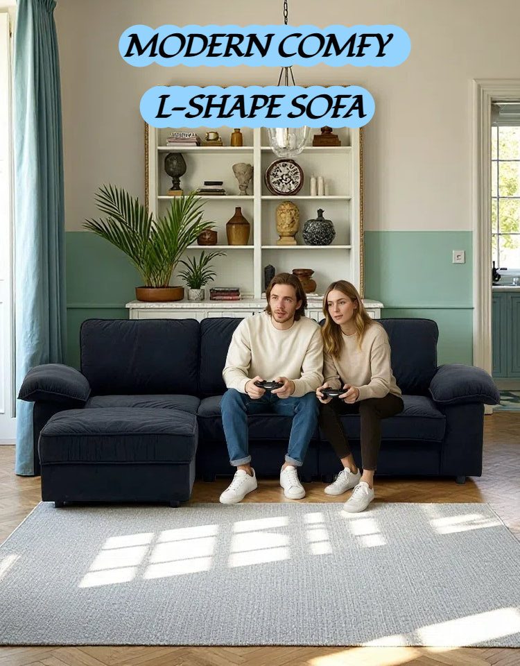 FX-P20M-3S0-BK (3S&Ottoman SOFA)105.5inch Upholstered L-Shaped Sectional Sofa with Storage , Modern Fabric Couch with Deep Cushions, Space-Saving Sofa for Apartment & Living Room