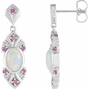 Platinum Natural Ethiopian Opal & Natural Pink Sapphire Vintage-Inspired Earrings