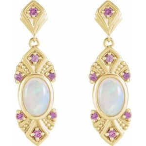 14K Yellow Gold Natural Ethiopian Opal & Natural Pink Sapphire Vintage-Inspired Earrings