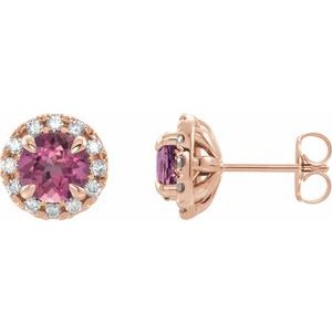 14K Rose Gold 4 mm Natural Pink Tourmaline & 1/5 CTW Natural Diamond Halo-Style Earrings