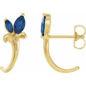 14K Yellow Gold Natural Blue Sapphire Floral J-Hoop Earrings