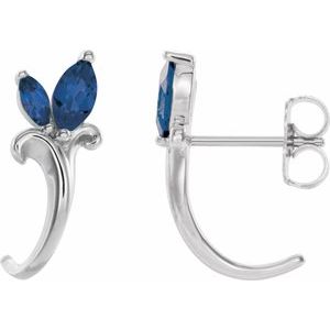 Sterling Silver Natural Blue Sapphire Floral J-Hoop Earrings
