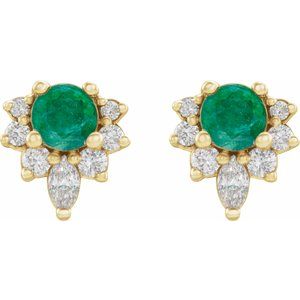 14K Yellow Gold Lab-Grown Emerald & 1/6 CTW Natural Diamond Earrings – image 2