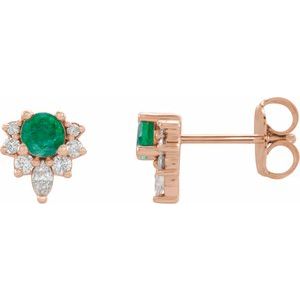 14K Rose Gold Natural Emerald & 1/6 CTW Natural Diamond Earrings
