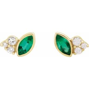 14K Yellow Gold Lab-Grown Emerald & .05 CTW Natural Diamond Earrings – image 2