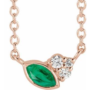 14K Rose Gold Natural Emerald & .03 CTW Natural Diamond 16" Necklace