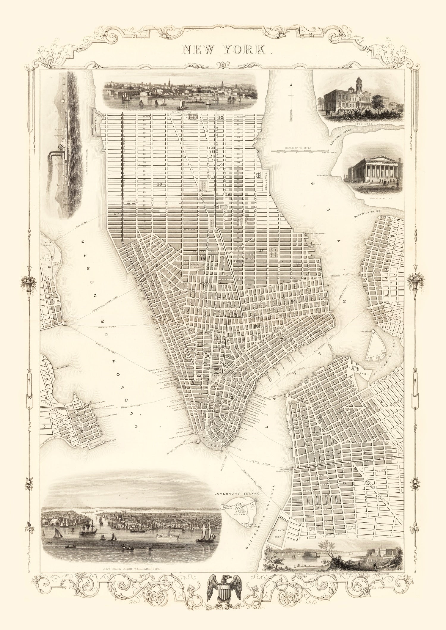 Vintage Map of New York City, New York 1851