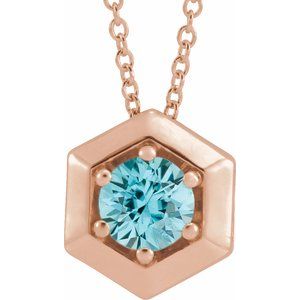 14K Rose Gold Natural Blue Zircon Geometric 16-18" Necklace