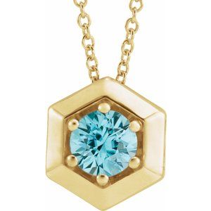 14K Yellow Gold Natural Blue Zircon Geometric 16-18" Necklace