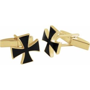 14K Yellow Gold 15 mm Black Enamel Maltese Cross Cuff Links