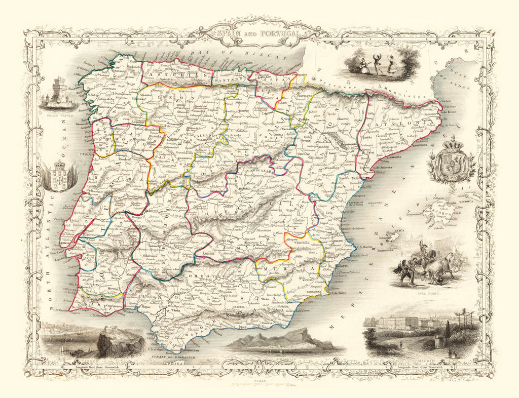 Vintage Map of Portugal & Spain 1851