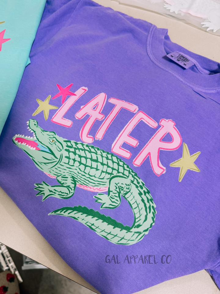 Later While Gator Graphic Tee – Purple Comfort Colors Southern Preppy Alligator Shirt