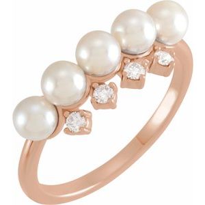 14K Rose Gold Cultured White Akoya Pearl & 1/8 CTW Natural Diamond Stackable Ring