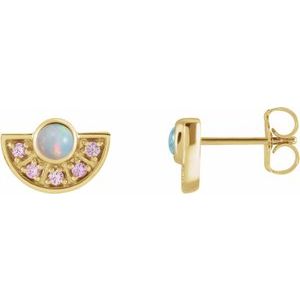 14K Yellow Gold Natural Ethiopian Opal & Natural Pink Sapphire Fan Earrings
