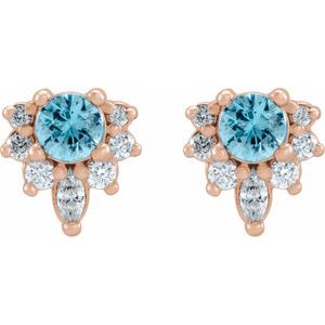14K Rose Gold Natural Blue Zircon & 1/6 CTW Natural Diamond Earrings – image 2