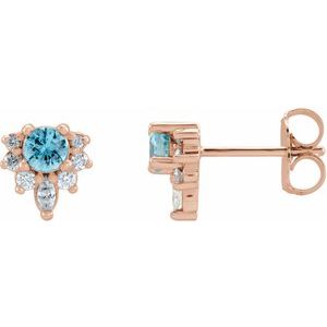 14K Rose Gold Natural Blue Zircon & 1/6 CTW Natural Diamond Earrings