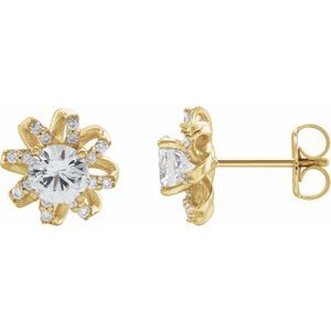 14K Yellow Gold Natural White Sapphire & 1/6 CTW Natural Diamond Halo-Style Earrings
