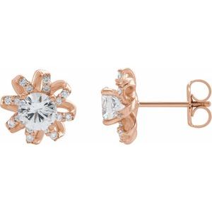 14K Rose Gold Natural White Sapphire & 1/6 CTW Natural Diamond Halo-Style Earrings