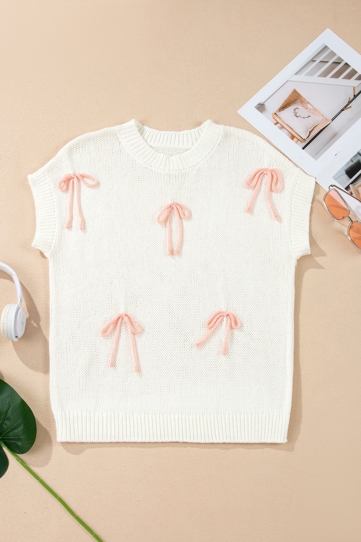 Short Sleeve Knit Contrast Bow-Knot Sweater