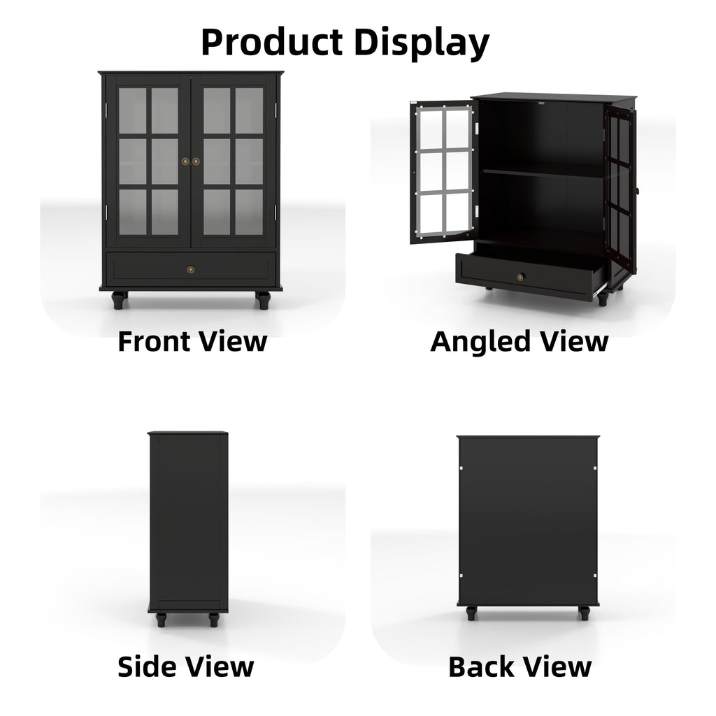 Minimalist Buffet Cabinet with Double Glass Doors and Drawer, Modern Wooden Storage Sideboard in Black