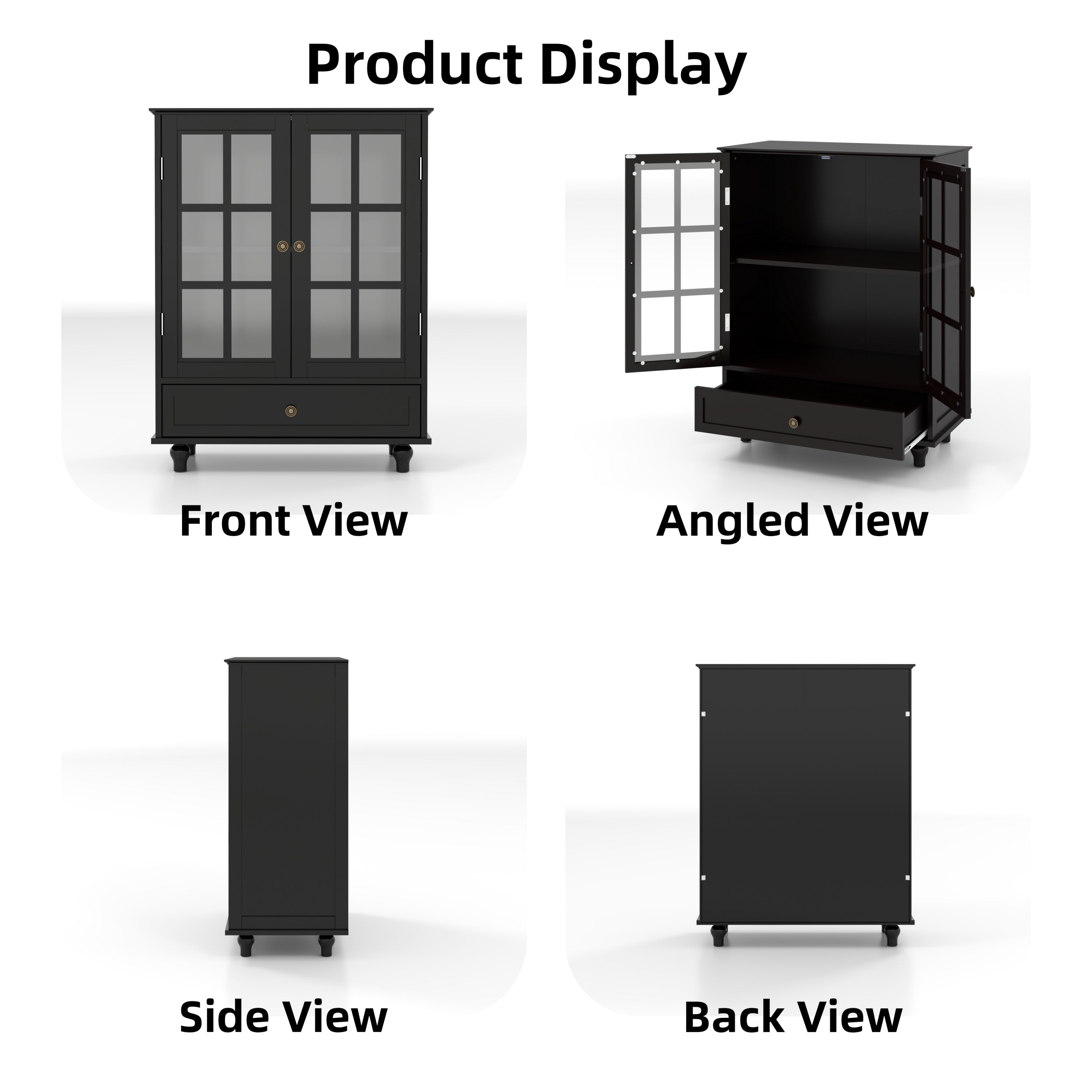 Minimalist Buffet Cabinet with Double Glass Doors and Drawer, Modern Wooden Storage Sideboard in Black