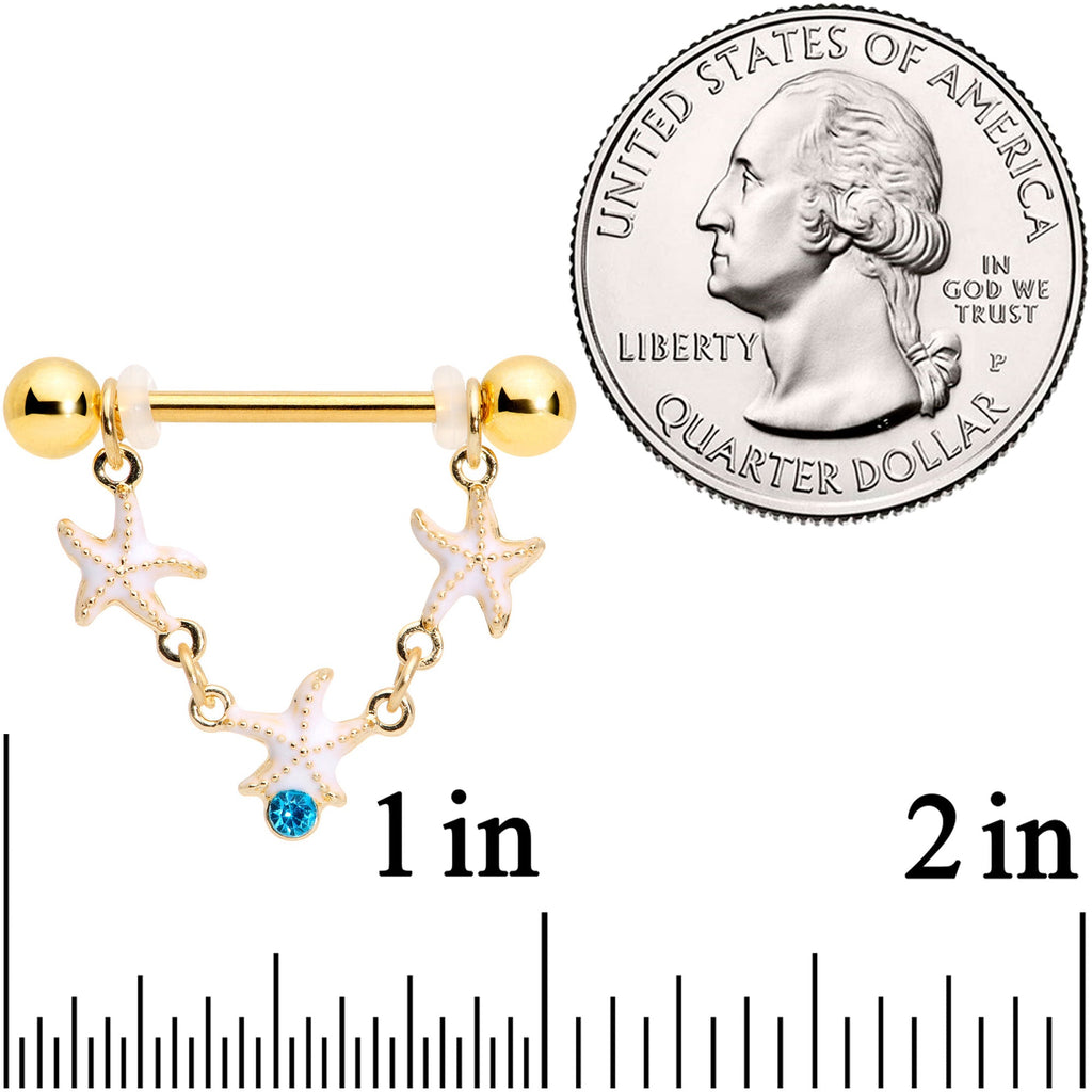 14G 9/16 Blue Gem Gold Tone Starfish Dangle Nipple Ring Set