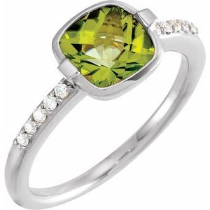 14K White Gold Checkerboard Natural Peridot & 1/10 CTW Natural Diamond Ring