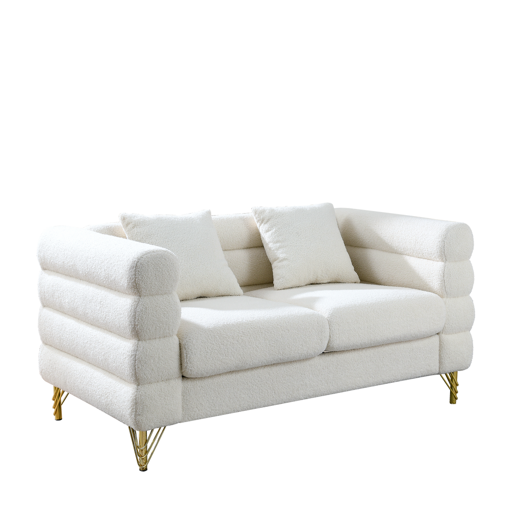 60Inch Oversized 2 Seater Sectional Sofa, Living Room Comfort Fabric Sectional Sofa-Deep Seating Sectional Sofa, Soft Sitting with 2 Pillows for Living Room, Bedroom  White teddy(Ivory)(W834S00029)