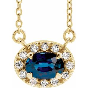 14K Yellow Gold 7x5 mm Natural Blue Sapphire & 1/6 CTW Natural Diamond 18" Necklace