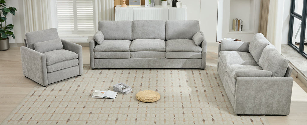 Cozy Upholstered Sofa Set with Double Cushion Design, Light Grey Chenille Fabric, Modern Living Room Couch