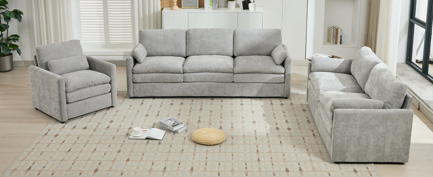 Cozy Upholstered Sofa Set with Double Cushion Design, Light Grey Chenille Fabric, Modern Living Room Couch
