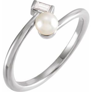 14K White Gold Cultured White Akoya Pearl & 1/10 CT Natural Diamond Ring