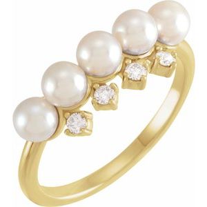14K Yellow Gold Cultured White Akoya Pearl & 1/8 CTW Natural Diamond Stackable Ring