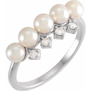 14K White Gold Cultured White Akoya Pearl & 1/8 CTW Natural Diamond Stackable Ring