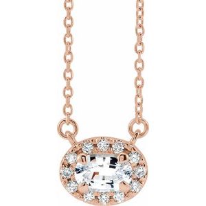 14K Rose Gold 7x5 mm Natural White Sapphire & 1/6 CTW Natural Diamond 18" Necklace