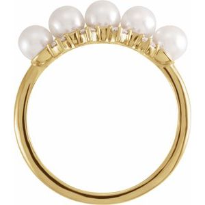 14K Yellow Gold Cultured White Akoya Pearl & 1/8 CTW Natural Diamond Stackable Ring