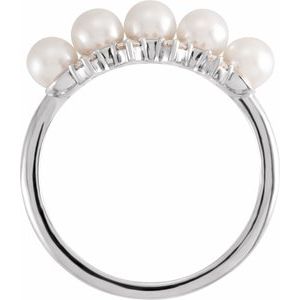 14K White Gold Cultured White Akoya Pearl & 1/8 CTW Natural Diamond Stackable Ring