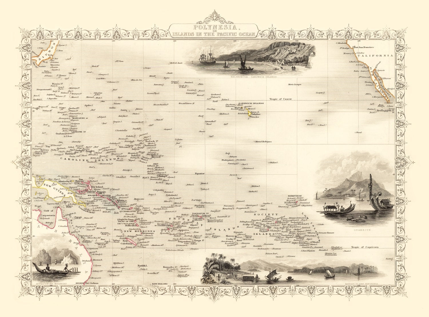 Vintage Map of Polynesia & Pacific Islands 1851
