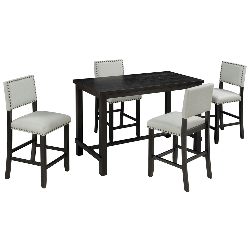 TREXM Classic Elegant 5-Piece Counter Height Dining Set with Table and 4 Chairs in Espresso and Beige