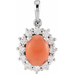 14K White Gold Natural Pink Coral & 1/5 CTW Natural Diamond Halo-Style Pendant