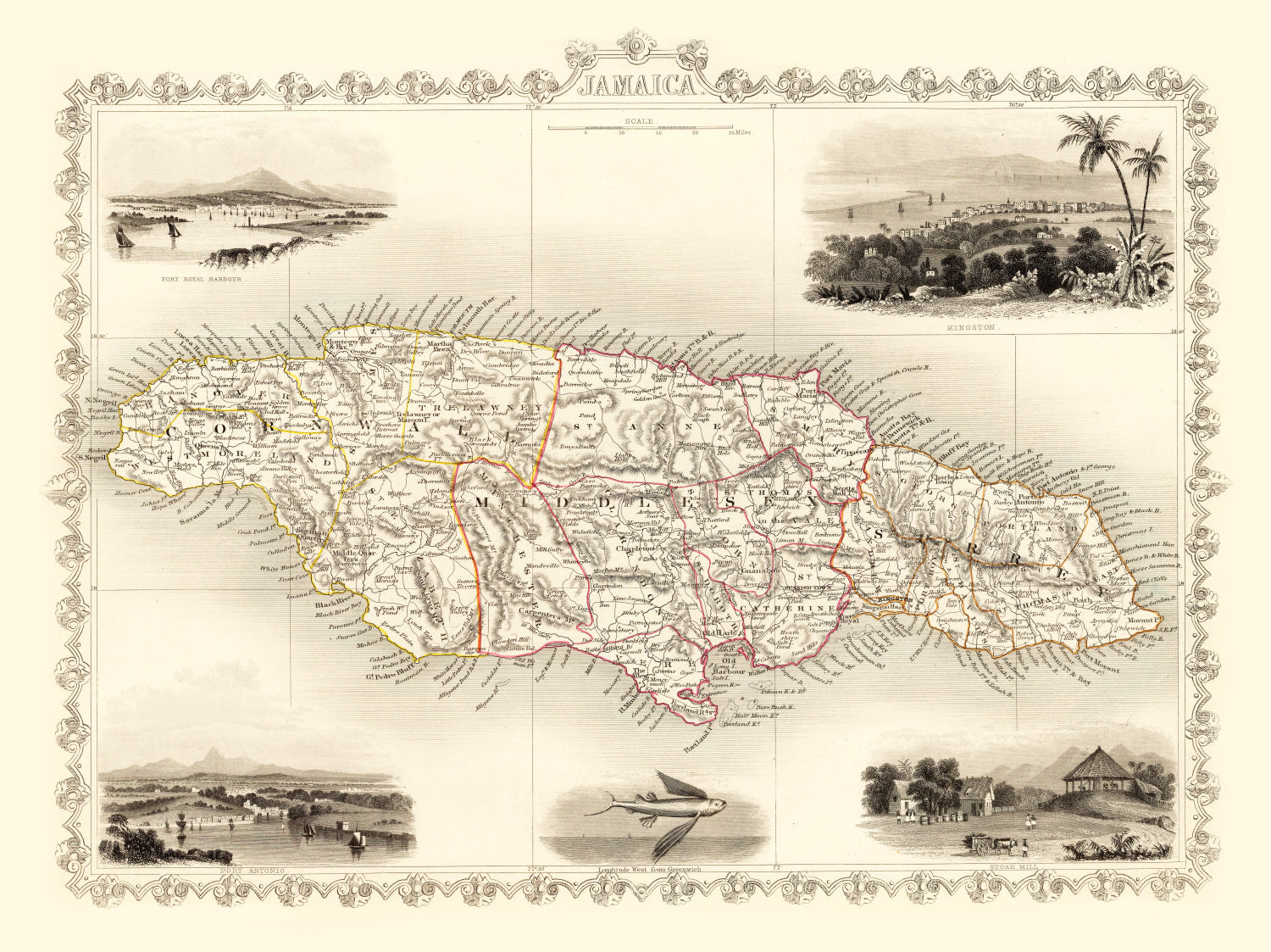 Vintage Map of Jamaica 1851
