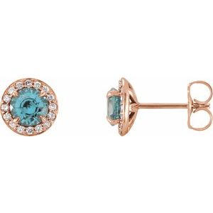 14K Rose Gold 5 mm Natural Blue Zircon & 1/8 CTW Natural Diamond Earrings