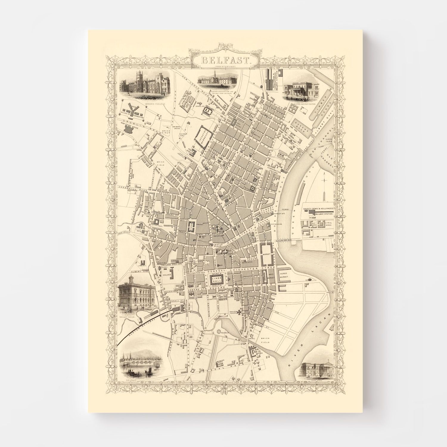 Vintage Map of Belfast, United Kingdom 1851