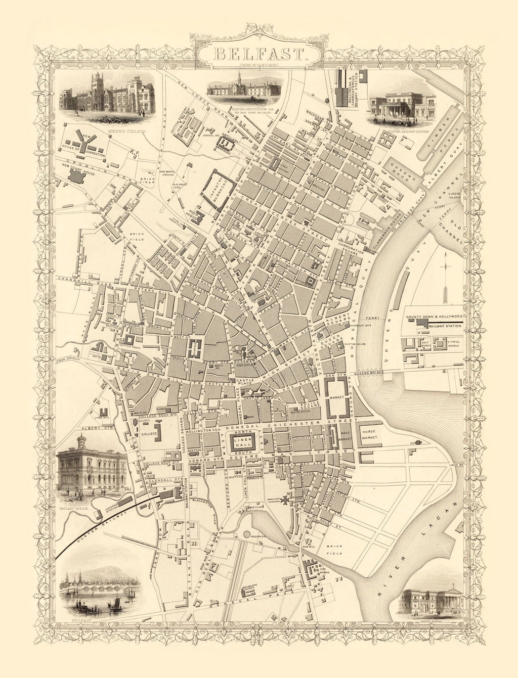 Vintage Map of Belfast, United Kingdom 1851