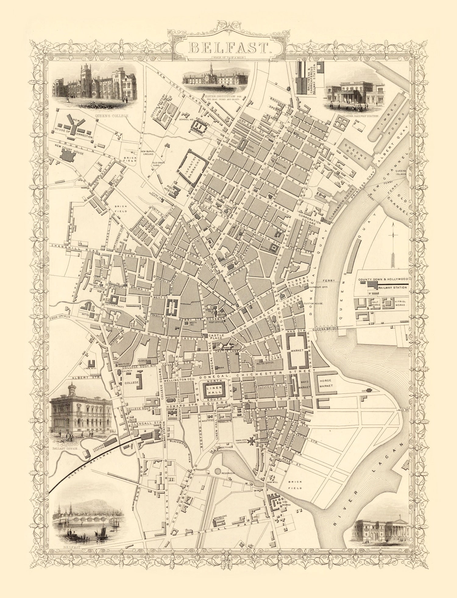 Vintage Map of Belfast, United Kingdom 1851
