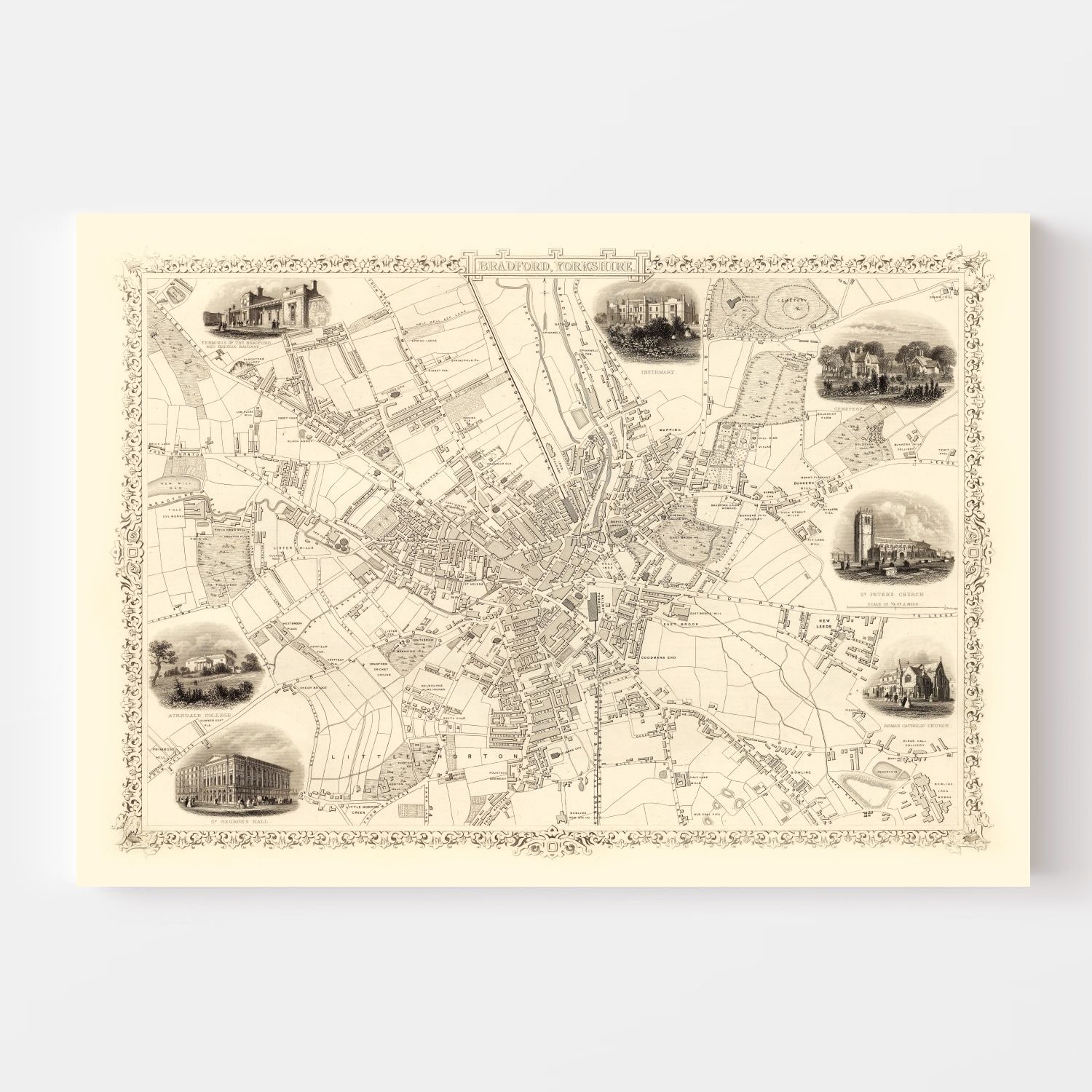 Vintage Map of Bradford & Yorkshire, United Kingdom 1851